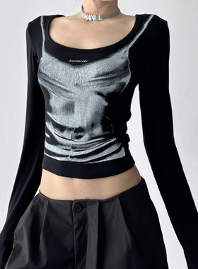 黑色印花长袖T恤女2025春秋季新款修身显瘦百搭高级感打底衫上衣