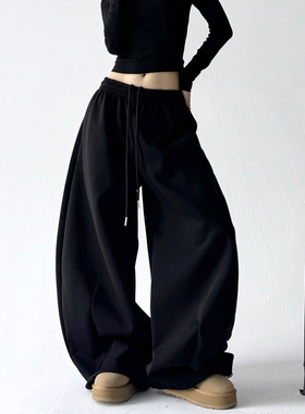 黑色加绒加厚运动裤女秋冬2025新款宽松美式卫裤宽松显瘦阔腿裤
