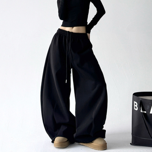 黑色加绒加厚运动裤女秋冬2025新款宽松美式卫裤宽松显瘦阔腿裤