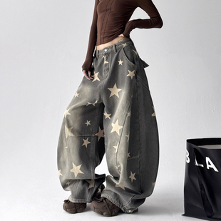 高街宽松阔腿休闲裤 新款 女2025秋冬季 今年流行复古做旧加绒牛仔裤