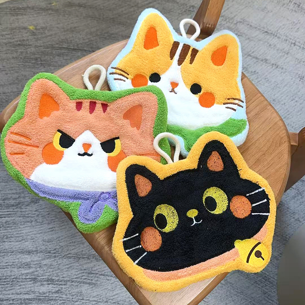 珊瑚绒猫咪擦手巾家用厨房卫生间擦手吸水不掉毛挂巾家用厨房挂巾