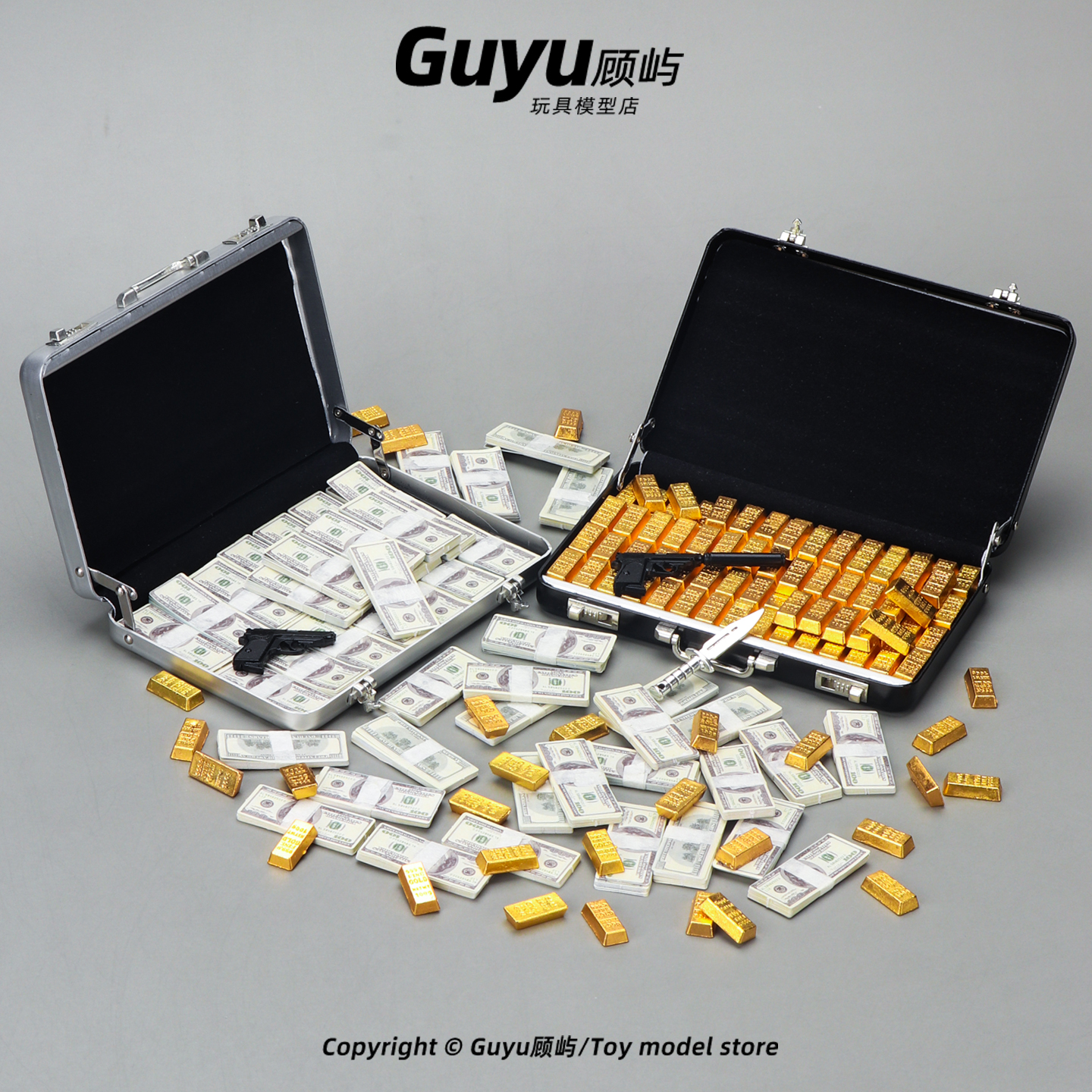 迷你仿真铝合金手提箱手办道具金条钞票手枪刀密码箱美元模型玩具