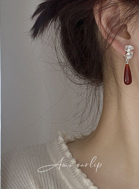 为晚天然玛瑙耳夹无耳洞女长款绿色玉髓吊坠蚊香盘新中式国风耳饰