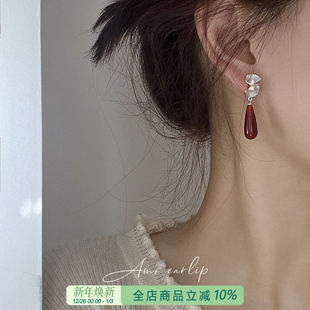 为晚天然玛瑙耳夹无耳洞女长款 国风耳饰 绿色玉髓吊坠蚊香盘新中式