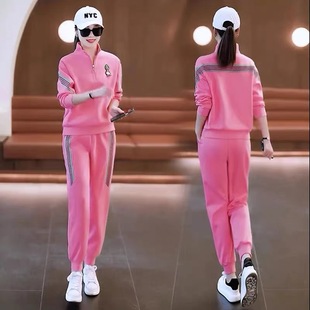 粉色卫衣运动套装女士春秋季2025年新款时尚休闲服束脚卫裤两件套