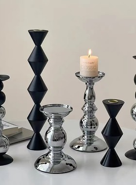 轻奢高级感黑银烛台装饰品摆件烛光餐桌香薰蜡烛浪漫氛围场景布置