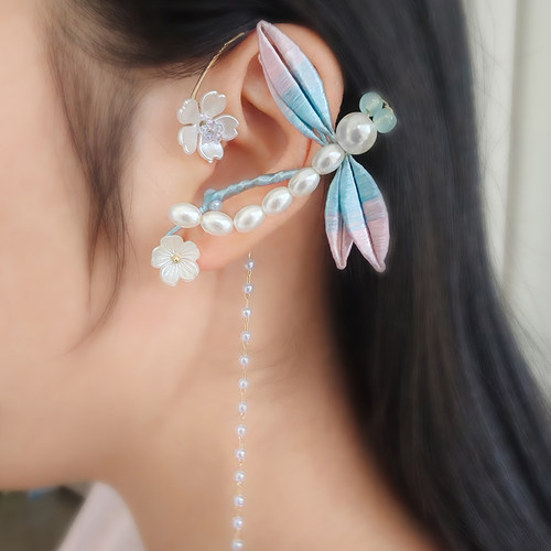 手工缠花渐变蜻蜓耳挂女甜美温柔系仙女古风旗袍耳饰