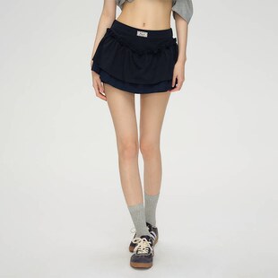 PUNCH25SS藏青双层荷叶边裙裤 显瘦设计感半身短裙女