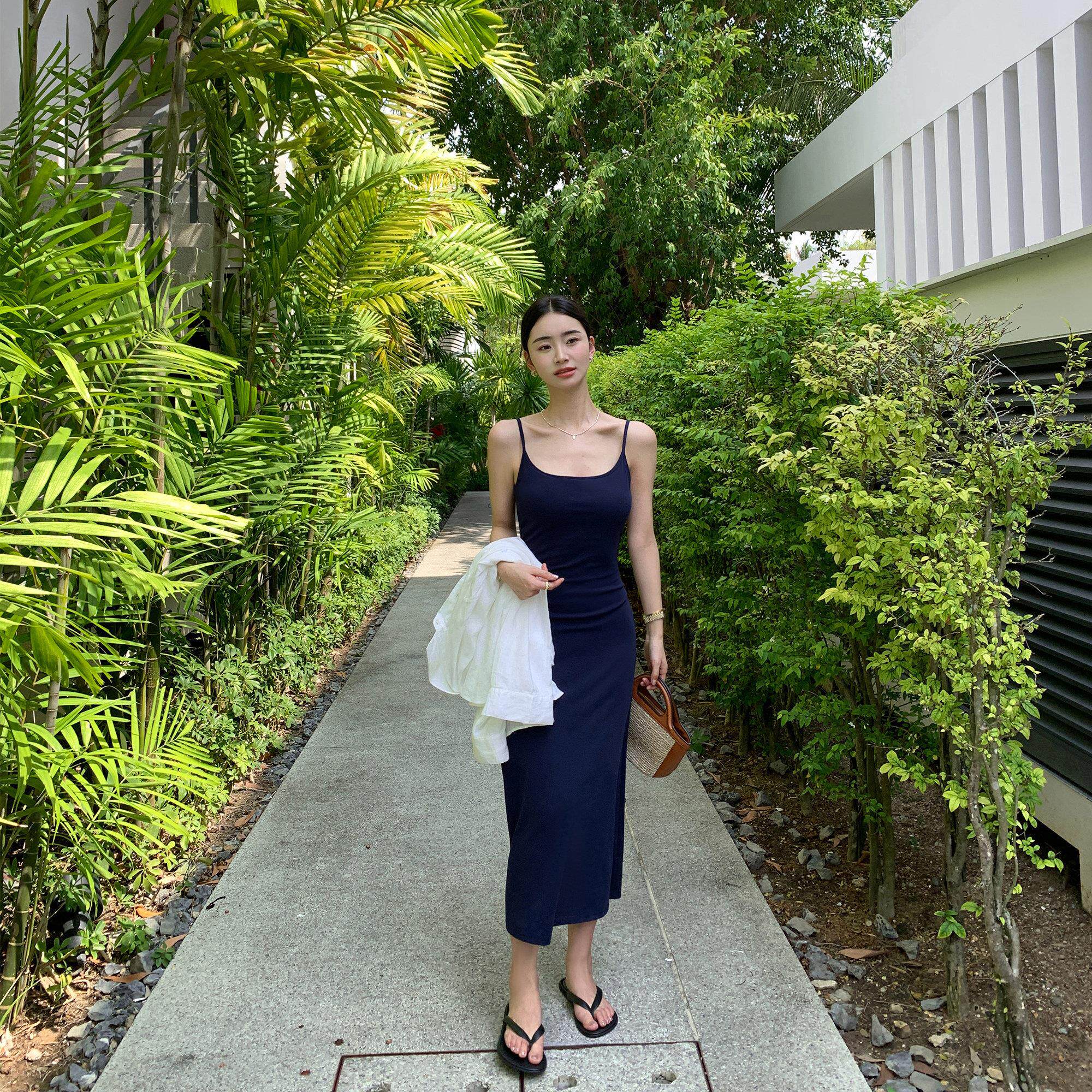 pusumede高级感黑色针织吊带洋装女夏季带胸垫收腰气质内搭长裙