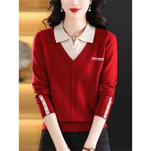 春秋假两件针织长袖毛衣女2025年秋冬新款宽松时尚洋气翻领打底衫