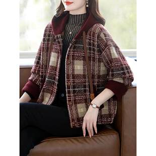 2025秋冬新款格子毛呢外套女短款连帽宽松遮肚子洋气保暖呢子上衣