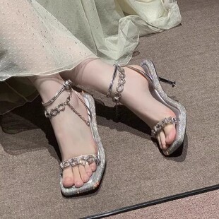 牛皮版~法式气质细跟高跟鞋小个子绝美凉鞋女夏季温柔水钻小银鞋