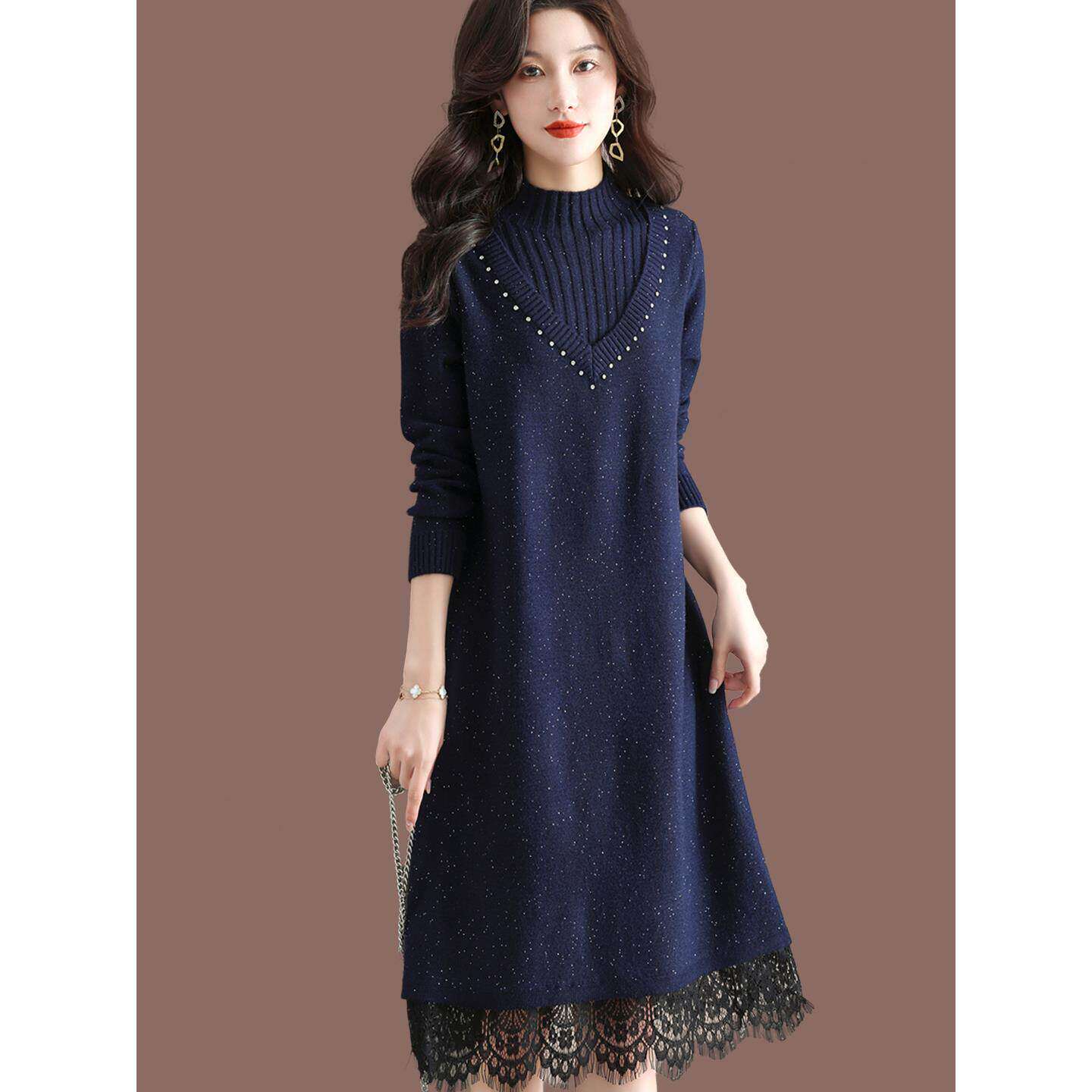 半高领蕾丝拼接羊毛针织连衣裙女秋冬气质中长款打底裙配大衣裙子