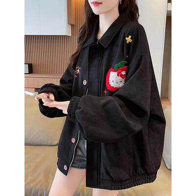 复古港风chic上衣女春秋2025新款小个子麂皮绒刺绣翻领夹克外套潮