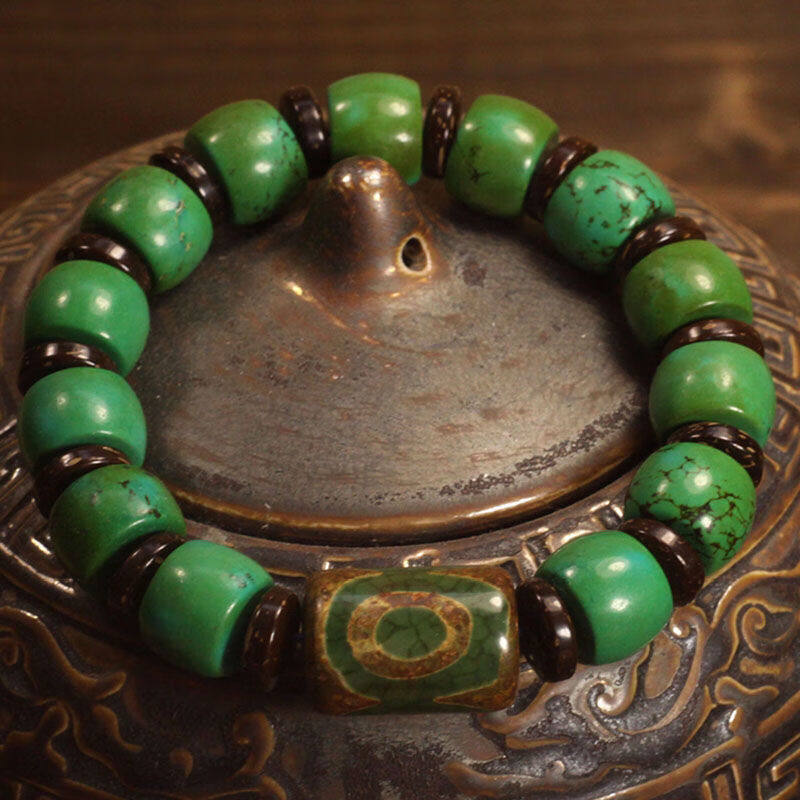 原矿绿松石手串配三眼天珠文玩盘玩古风手链手饰潮男个性礼物
