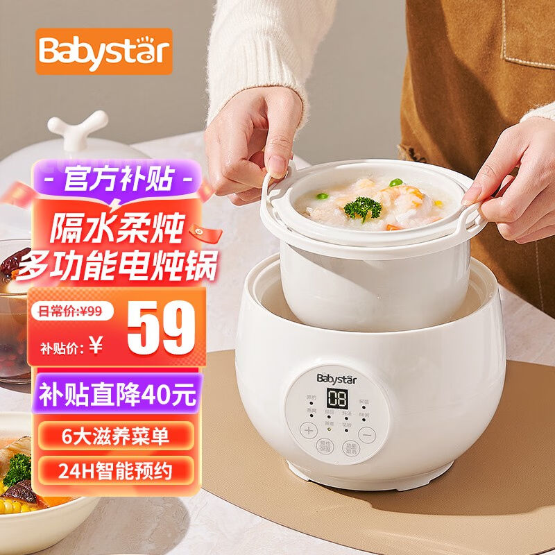 BabyStar燕窝炖盅隔水炖电炖锅迷你小养生锅骨瓷陶瓷内胆800ML一