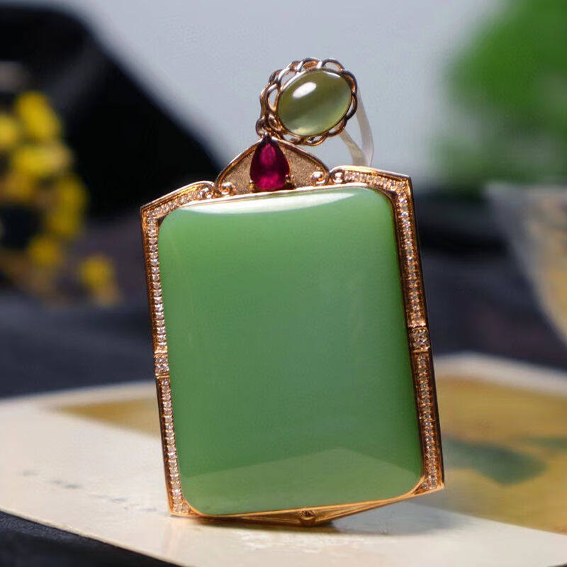 心偶玉和田玉碧玉平安牌吊坠18k金镶嵌男女款项链玉石34.3/26.3/7