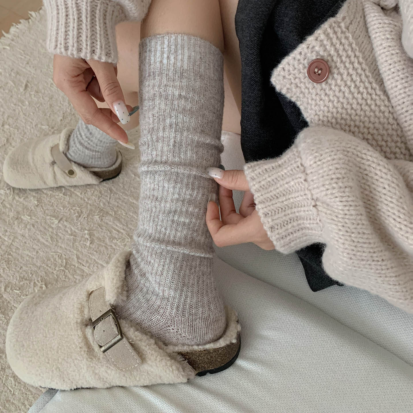 燕麦色羊毛小腿袜女秋冬加绒加厚月子毛绒冬季日系竖条长筒堆堆袜,女士内衣/男士内衣/家居服,长筒袜,淘宝优惠券,粉丝福利购,淘宝优惠卷