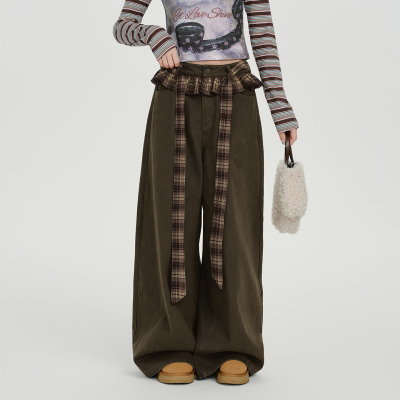 Giryhalo美式复古格子花边拼接直筒休闲阔腿裤女秋季新款宽松长裤