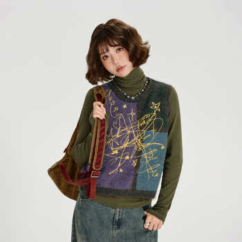 Girlyhalo美式复古辣妹拼色马甲背心女秋新款设计感短款叠穿上衣