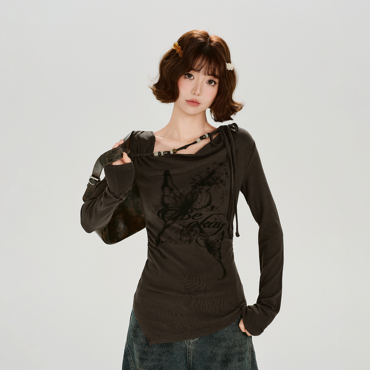 Girlyhalo美式复古辣妹印花设计感长袖t恤女秋季新款修身显瘦上衣