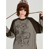 Girlyhalo美式 辣妹设计感宽松上衣 新款 复古印花插肩长袖 t恤女秋季