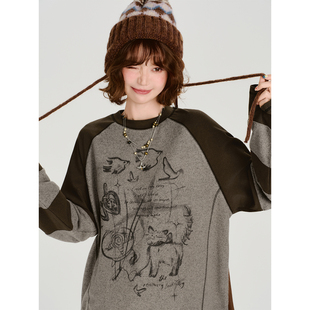 新款 t恤女秋季 辣妹设计感宽松上衣 复古印花插肩长袖 Girlyhalo美式