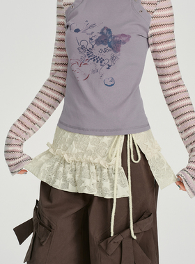 Girlyhalo美式复古米色星星蕾丝半身裙女一片式百搭叠穿屁帘