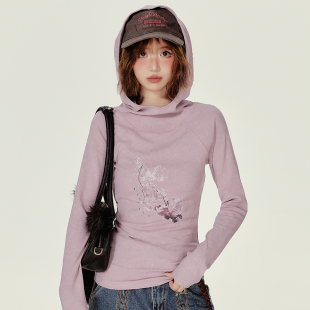 Girlyhalo美式复古连帽长袖t恤女秋季新款插肩袖修身显瘦炒色上衣