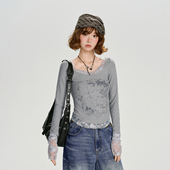 复古拼接蕾丝长袖 t恤女秋季 新款 Girlyhalo美式 辣妹修身 显瘦上衣