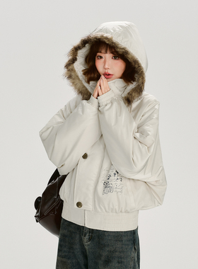 Girlyhalo美式复古印花毛领连帽白色短款棉服女冬季加厚保暖上衣