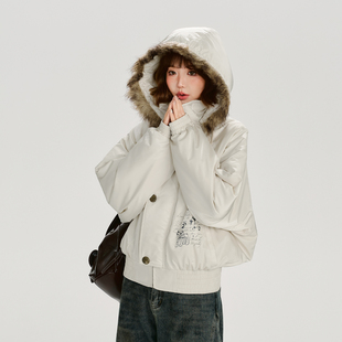 加厚保暖上衣 棉服女冬季 Girlyhalo美式 复古印花毛领连帽白色短款