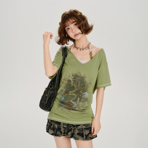 Girlyhalo美式复古印花v领挂脖短袖t恤女夏季新款宽松两件套上衣