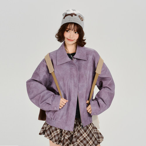 Girlyhalo美式复古翻领皮衣外套女秋冬新款拼接设计感宽松夹克