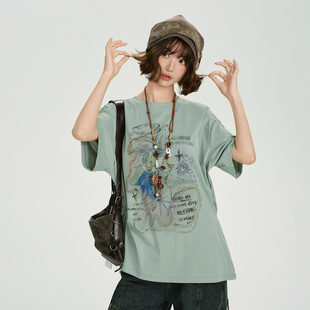 新款 t恤女夏季 宽松休闲上衣 复古趣味印花圆领短袖 Girlyhalo美式