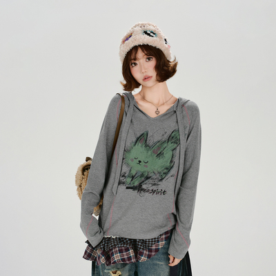 Girlyhalo美式复古印花连帽长袖t恤女秋季新款设计感宽松休闲上衣