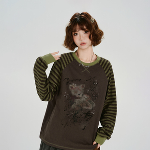 新款 t恤女春季 设计感宽松上衣 复古印花条纹插肩袖 Girlyhalo美式