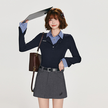 Girlyhalo美式复古假两件长袖t恤女秋新款设计感修身显瘦针织上衣