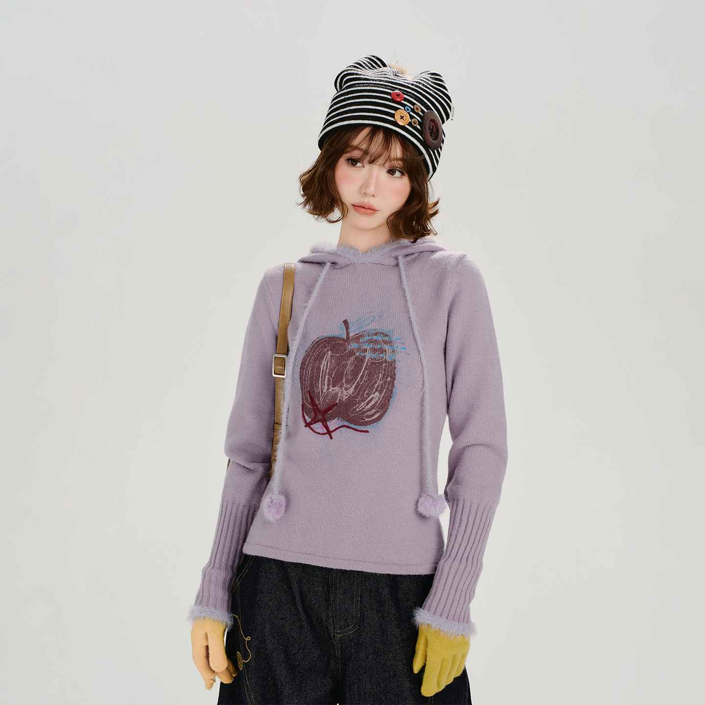 Girlyhalo美式复古印花浅紫色连帽毛衣女秋季新款设计感针织上衣
