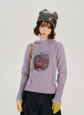 Girlyhalo美式复古印花浅紫色连帽毛衣女秋季新款设计感针织上衣