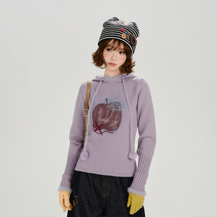 设计感针织上衣 新款 Girlyhalo美式 复古印花浅紫色连帽毛衣女秋季