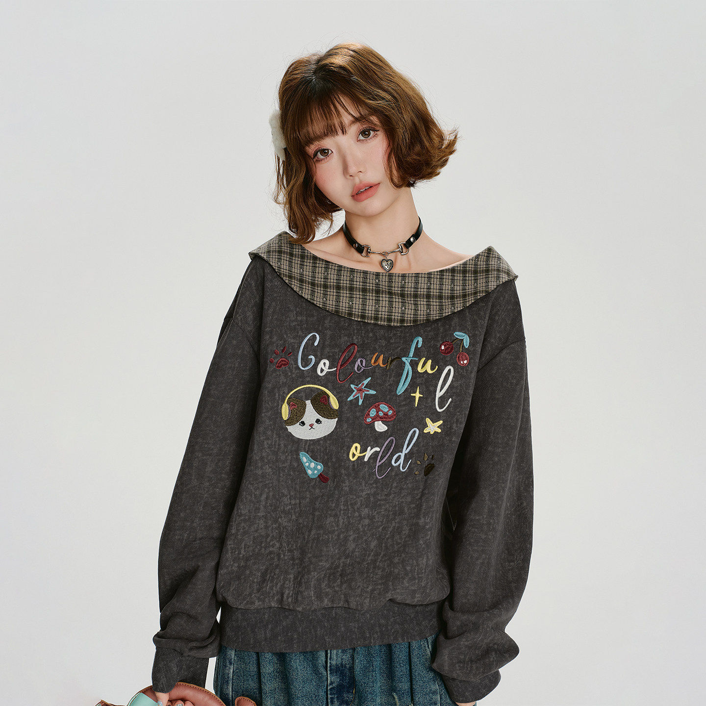 Girlyhalo美式复古刺绣撞格纹一字领长袖卫衣女秋季新款宽松上衣