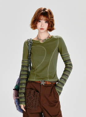 Girlyhalo美式辣妹长袖t恤女春秋新款设计感条纹袖子两穿修身上衣