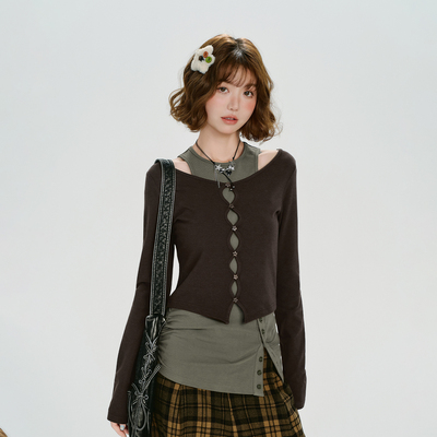 Girlyhalo美式复古辣妹设计感假两件长袖t恤女秋新款修身显瘦上衣