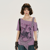 Girlyhalo美式 绑带收腰上衣 新款 复古斜肩腰带设计感短袖 t恤女夏季