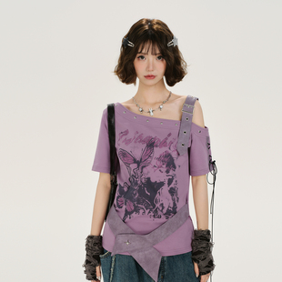 新款 t恤女夏季 绑带收腰上衣 复古斜肩腰带设计感短袖 Girlyhalo美式