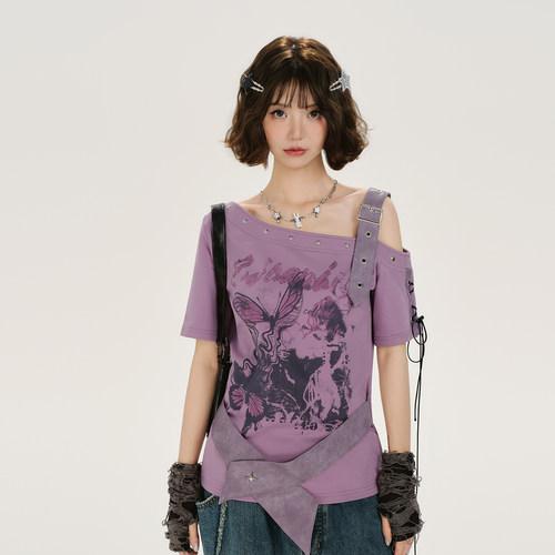 Girlyhalo美式复古斜肩腰带设计感短袖t恤女夏季新款绑带收腰上衣