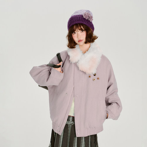 Girlyhalo美式复古毛毛翻领外套女冬季新款加厚保暖夹棉宽松上衣
