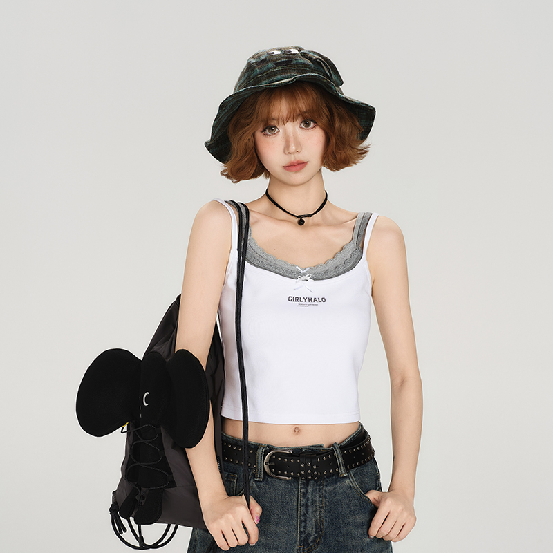 Girlyhalo美式辣妹假两件拼色小吊带背心女夏季新款修身显瘦上衣