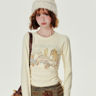 侧边抽绳印花修身 Girlyhalo美式 新款 t恤女秋季 上衣 辣妹圆领长袖